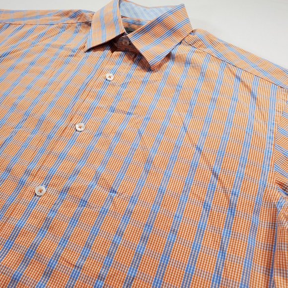 Johnston Murphy Shirt Men Medium Orange Blue Check Regular Fit Casual Button Up - Picture 8 of 14